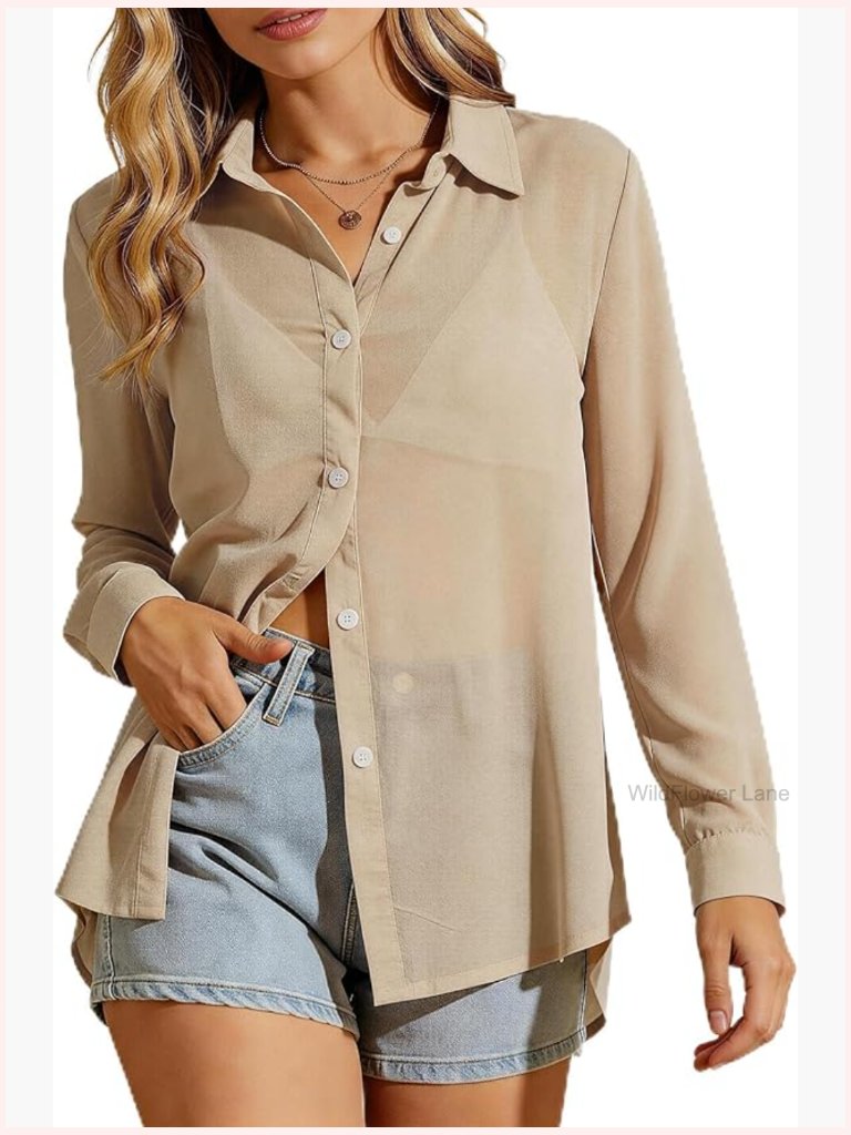 Sheer Long Sleeve Button Up Mesh Blouse Women Sexy See Through Collared Top